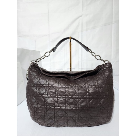 Authentic CHRISTIAN DIOR Cannage Quilted Lambskin Leather Soft Hobo Bag Brown - Picture 1 of 15